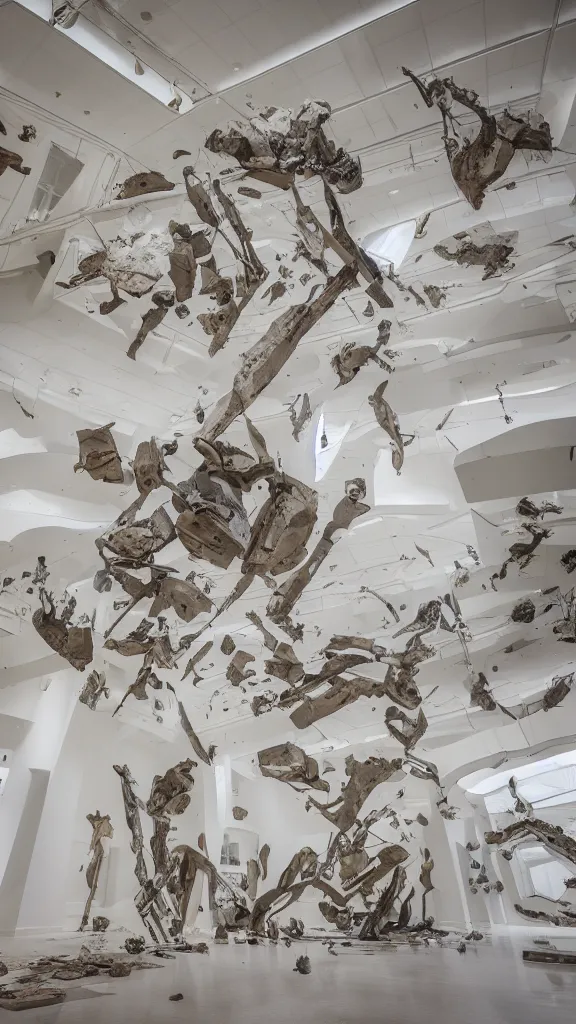 Image similar to sculpture explosion in a white museum hall, luxury and minimal atmosphere hyper - detailed, ultra - realistic, 8 k, post - production, photo real ultra - high detail, museum atmosphere, cinematic lighting