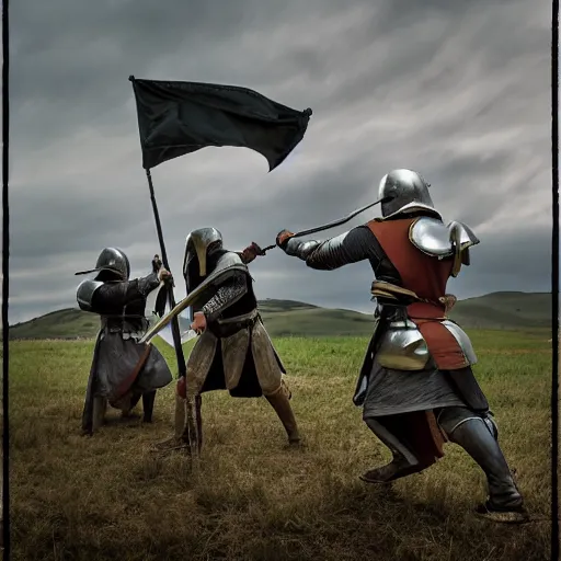 Prompt: film-still shot of a medieval battle, XF IQ4, 150MP, 50mm, f/1.4, ISO 200, 1/160s, natural light, Adobe Photoshop, Adobe Lightroom, DxO Photolab, Corel PaintShop Pro, rule of thirds, symmetrical balance, depth layering, polarizing filter, Sense of Depth, AI enhanced