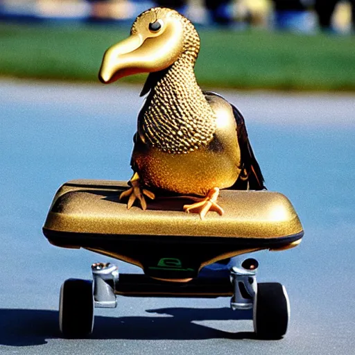 Image similar to a dodo with a gold chain around its neck, on a hover board at a skate park near the beach, 1990s cartoon