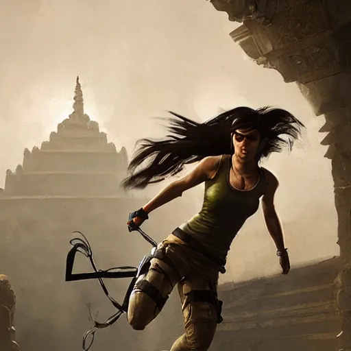 Image similar to lara croft stealing a catalytic convertor, that is on a trapped pedastal, from inside a temple, temple run, painted by greg rutkowski