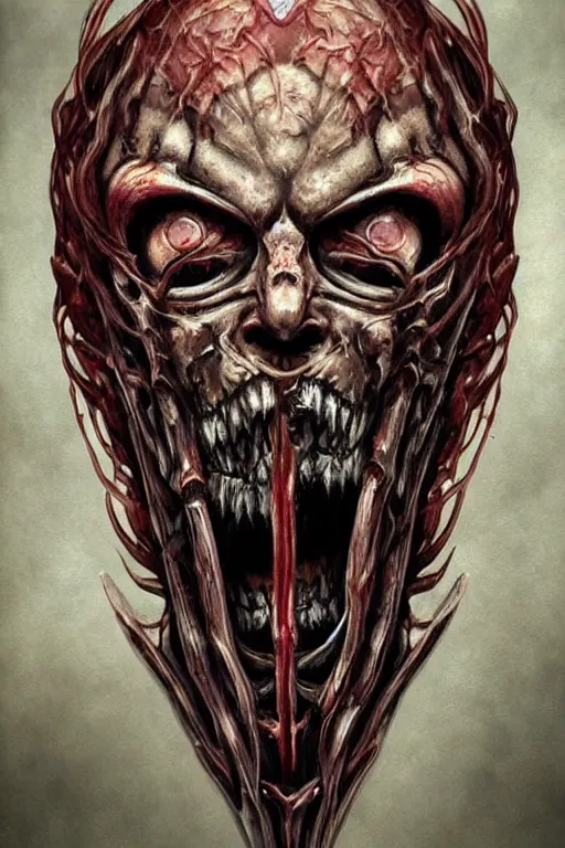 Prompt: Elden Ring and Doom themed painting of majestic crimson biomechanical undead necrotic revenant human hybrid beautiful undead angel symmetrical angry mask closeup face grinning angry mask closeup tattoo pattern golden ratio concept, Neo-Gothic concept, infinity glyph waves, intricate artwork masterpiece, very coherent artwork, cinematic, full frontal facial features by Artgerm, art by H.R. Giger, Takato Yamamoto, Zdizslaw Beksinski, Johnatan Wayshak, Moebius, Ayami Kojima, very anatomically coherent artwork, trending on cgsociety, ultra high quality model, production quality cinema model, high detail chromatic ink outline, octane render, unreal engine 8k, hyper realism, high detail, octane render, unreal engine, 8k, High contrast