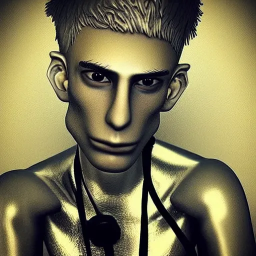 Image similar to “a realistic detailed photo of a guy who is an attractive humanoid who is half robot and half humanoid, who is a male android, rapper Machine Gun Kelly, shiny skin, posing like a statue, blank stare”