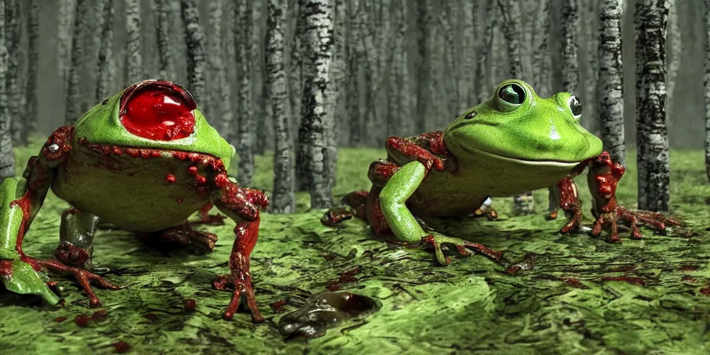 Prompt: horrifying huge robot - frog with blood dripping from it's mouth coming at you in old birch forest, movie scene, movie lighting, detailed, realistic