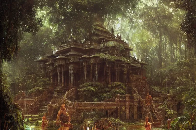 Image similar to An indian temple in a jungle, moody scene, highly detailed, intricate, sharp details, dystopian mood, 1950 scene by gaston bussiere, craig mullins, somber lighting, drawn by Giacomo Burattini, inspired by graphic novel cover art, hyperrealistic, 8k by RHADS