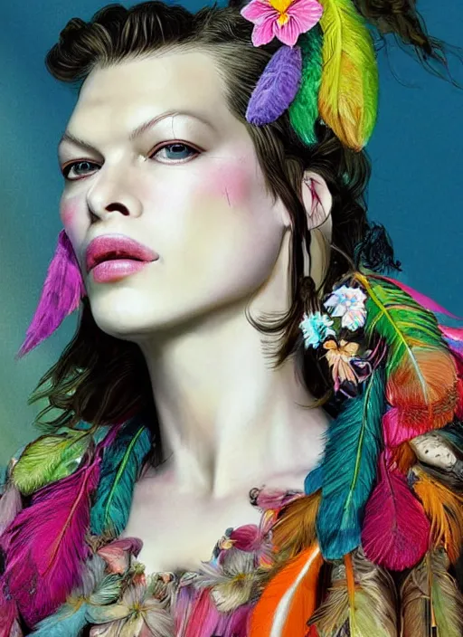 Prompt: beautiful portrait of Milla Jovovich wearing fantastic Hand-dyed cotton dress,embellished beaded feather decorative fringe knots ,colorful pigtail,subtropical flowers and plants, 18 years old, dramatic,symmetrical face,intricate,elegant,highly detailed,8k,post-processing,digital painting,trending on pinterest, GUCCI,PRADA,concept art, sharp focus, illustration, by artgerm,Tom Bagshaw,Lawrence Alma-Tadema,greg rutkowski,alphonse Mucha