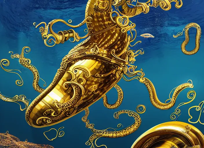 Prompt: under water ocean view of an ornately designed black and gold submarine with gold port hole windows, with a kraken attacking tentacles wrapped around it photo realistic 4 k highly detailed by android jones