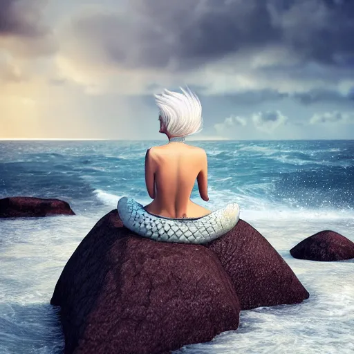 Prompt: white haired woman as a beautiful mermaid sitting on a rock in the middle of a stormy ocean, watching the seagulls flying above her, fantasy painting, hyperrealistic, hyperdetailed, depth of field, High definition, 8k, octane render, artstation