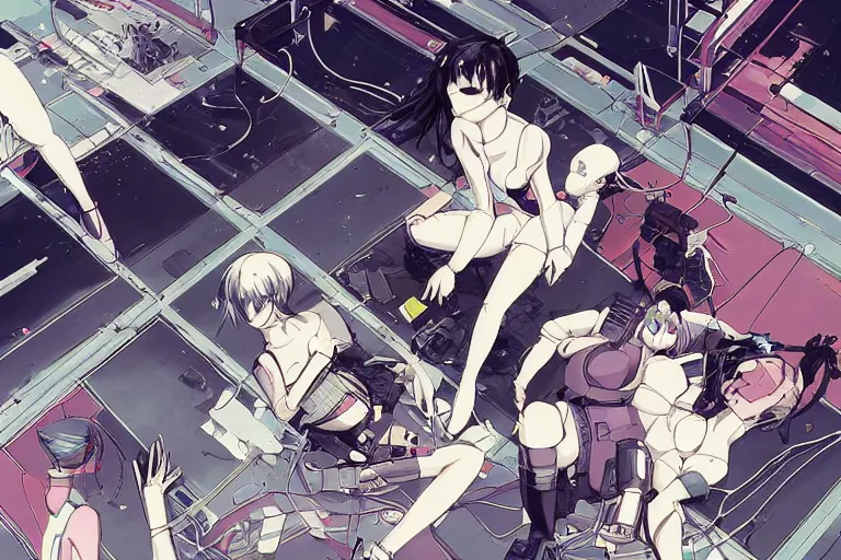 Image similar to a cyberpunk anime illustration of a group of female androids' body parts lying scattered over an abstract, empty, white floor, by masamune shirow, hajime sorayama and katsuhiro otomo, view from above, minimalist