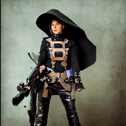 Image similar to photo of a futuristic female musketeer