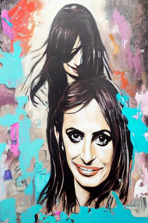 Image similar to oil painting, portrait of penelope cruz, wall with graffiti, splash painting, by bansky