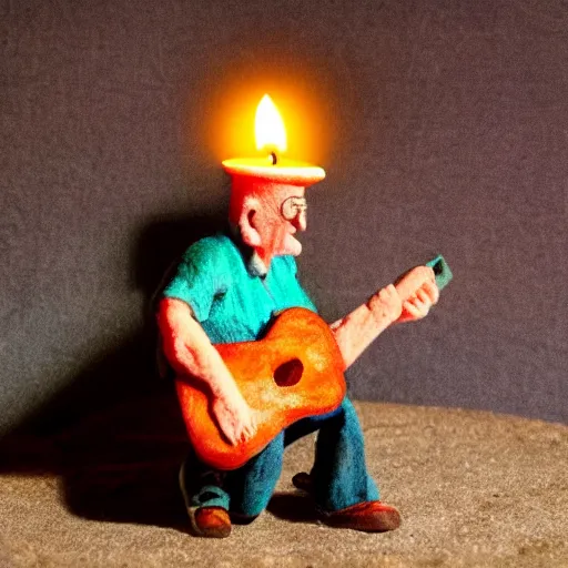 Prompt: Claymation art of a old man playing guitar, 100mm, candle lightning, industrial colours, extremely detailed, 4K