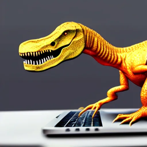 Prompt: a dinosaur using a computer