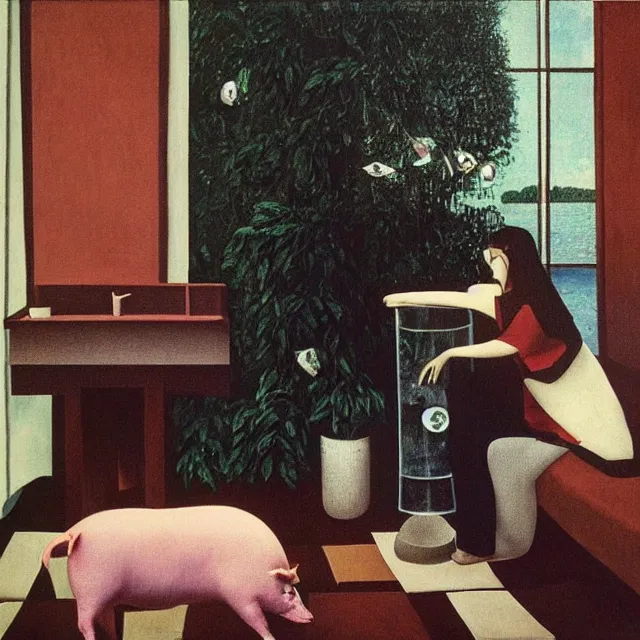 Prompt: emo student in her apartment, a river flooding inside, medical supplies, pigs, plants in glass vase, pork meat, water, river, rapids, canoe, pomegranate, berries dripping, waterfall, swans, acrylic on canvas, surrealist, by magritte and monet