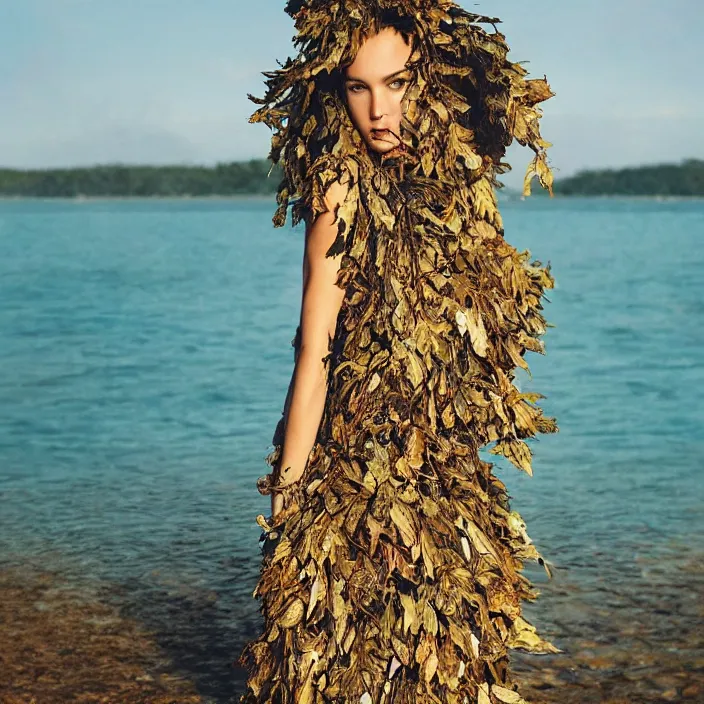 Prompt: a woman with a dress made of leaves and chains, standing next to water, golden hour, vogue magazine