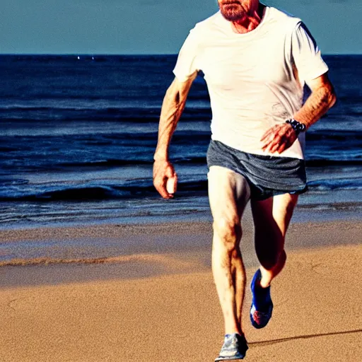 Image similar to Walter White running on the beach, artistic, 8k, cinematic, accurate, symetric, face, dramatic lighting, pastel colours