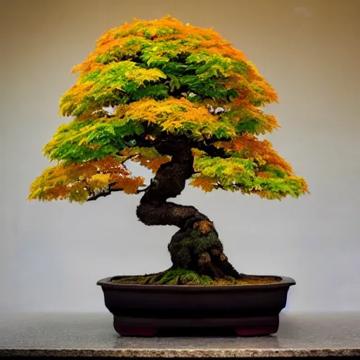 Image similar to photo of a beautiful maple bonsai tree on a kitchen counter, cinematic, bright, happy, golden ratio,