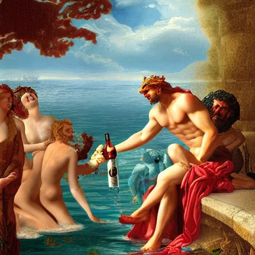 Prompt: poseidon drinking wine with the nymphs, digital art, detailed, ancient greek mythology