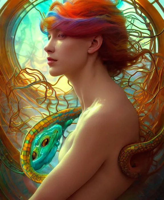 Image similar to colorful transparent portrait of a disturbing beautiful alien snake creature, mottled coloring, adorable, childlike, underwater environment, ultra realistic, concept art, art nouveau, photorealistic, octane render, 8 k, unreal engine. art by christopher marley and artgerm and greg rutkowski and alphonse mucha