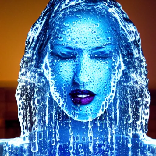 Prompt: photo of a woman made entirely of water reading the wikipedia article for water on her phone