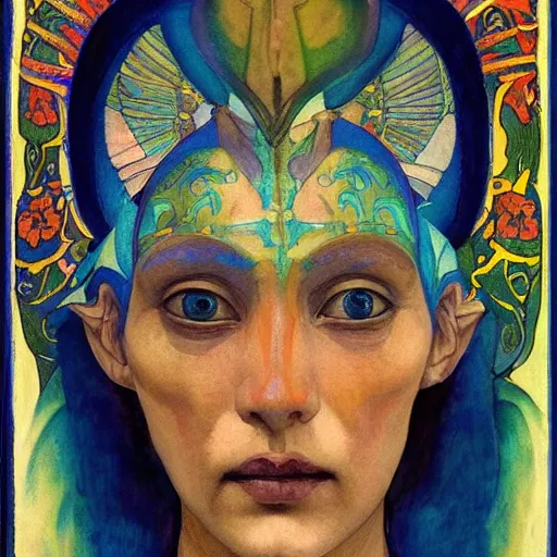 Image similar to the bone crown, the crown of wings, by Annie Swynnerton and Nicholas Roerich and Diego Rivera, bioluminescent skin, tattoos, elaborate costume, geometric ornament, symbolist, cool colors like blue and green and violet, smooth, sharp focus, extremely detailed