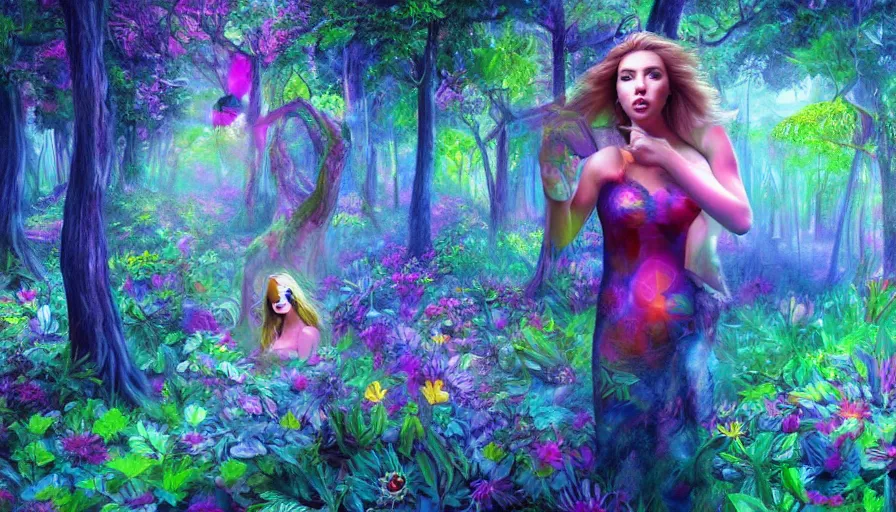 Image similar to landscape scarlett johansson in psychodelic dmt lsd forest, photorealistic, artgerm, artwork by Arian, Mark