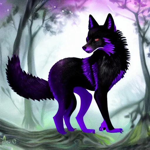 Prompt: feral chimera of a black fox and black dragon, with purple eyes, fantasy forest background, digital art