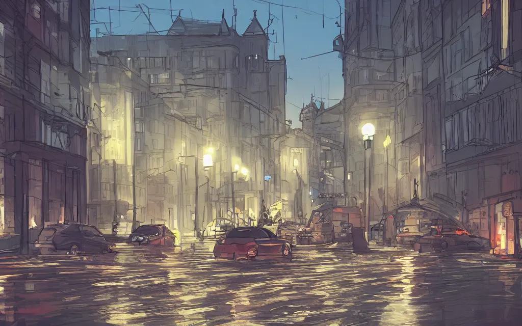 Image similar to concept art, wet helsinki street at night, in the style of grand theft auto