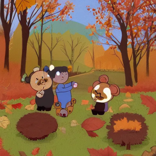 Prompt: autumnal woods with teddy bears, in the style of over the garden wall