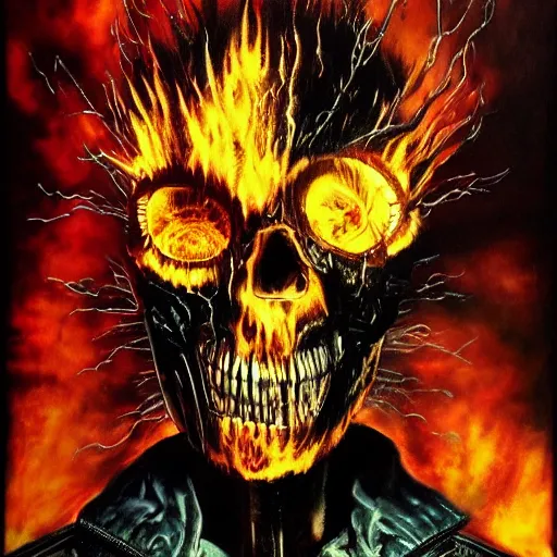 Prompt: ghost rider, cyberpunk, extremely detailed concept art, oil painting, airbrush painting, caustic, dark saturated colors, vapor wave, terrifying masterpiece, maximalist, full body portrait, black background, horror, by Ralph Steadman, by Giger, by Alexander McQueen