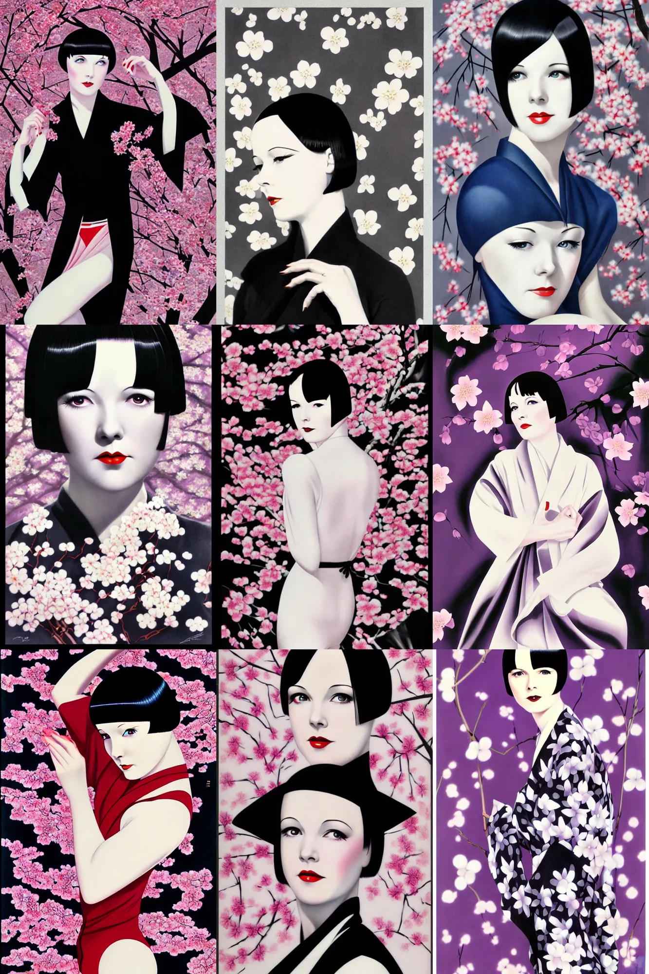 Prompt: 2 8 year old mary louise brooks, wearing kimono, atomic age, by artgerm, cherry blossom falling, op art