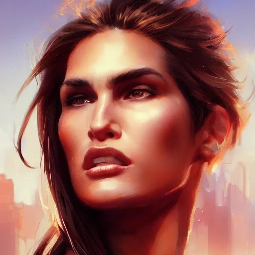 Image similar to a closeup portrait of a young cindy crawford, dramatic light, city background, sunset, high contrast, sharp, painted by stanley lau, painted by greg rutkowski, painted by stanley artgerm, digital art, trending on artstation