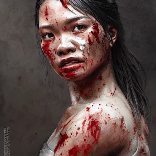 Image similar to portrait painting of a bloodied filipino female butcher, ultra realistic, concept art, intricate details, eerie, highly detailed, photorealistic, octane render, 8 k, unreal engine. art by artgerm and greg rutkowski and alphonse mucha