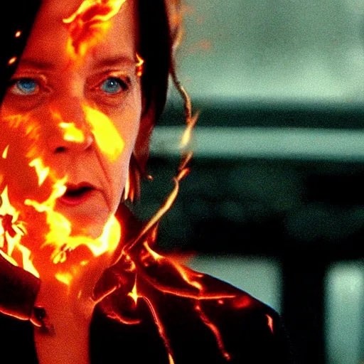Prompt: Dramatic action shot of Angela Merkel on fire dodging kick from Neo in the matrix movie