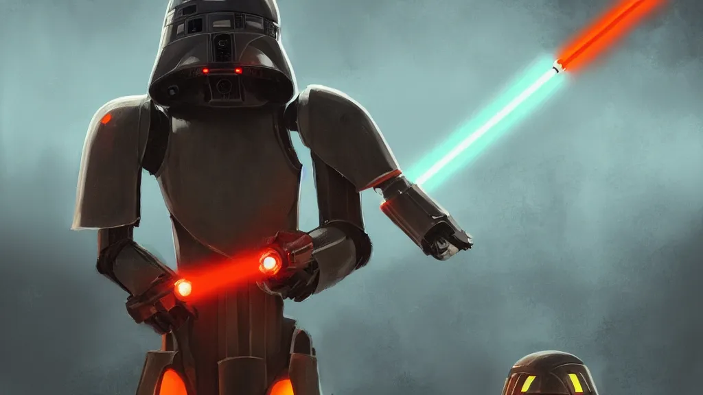 Prompt: A KX-Series security droid from star wars wearing a hooded cloak, he is wielding an orange lightsaber, dreamscape, dramatic lighting, fantasy art illustration, trending on artstation, Aetherpunk