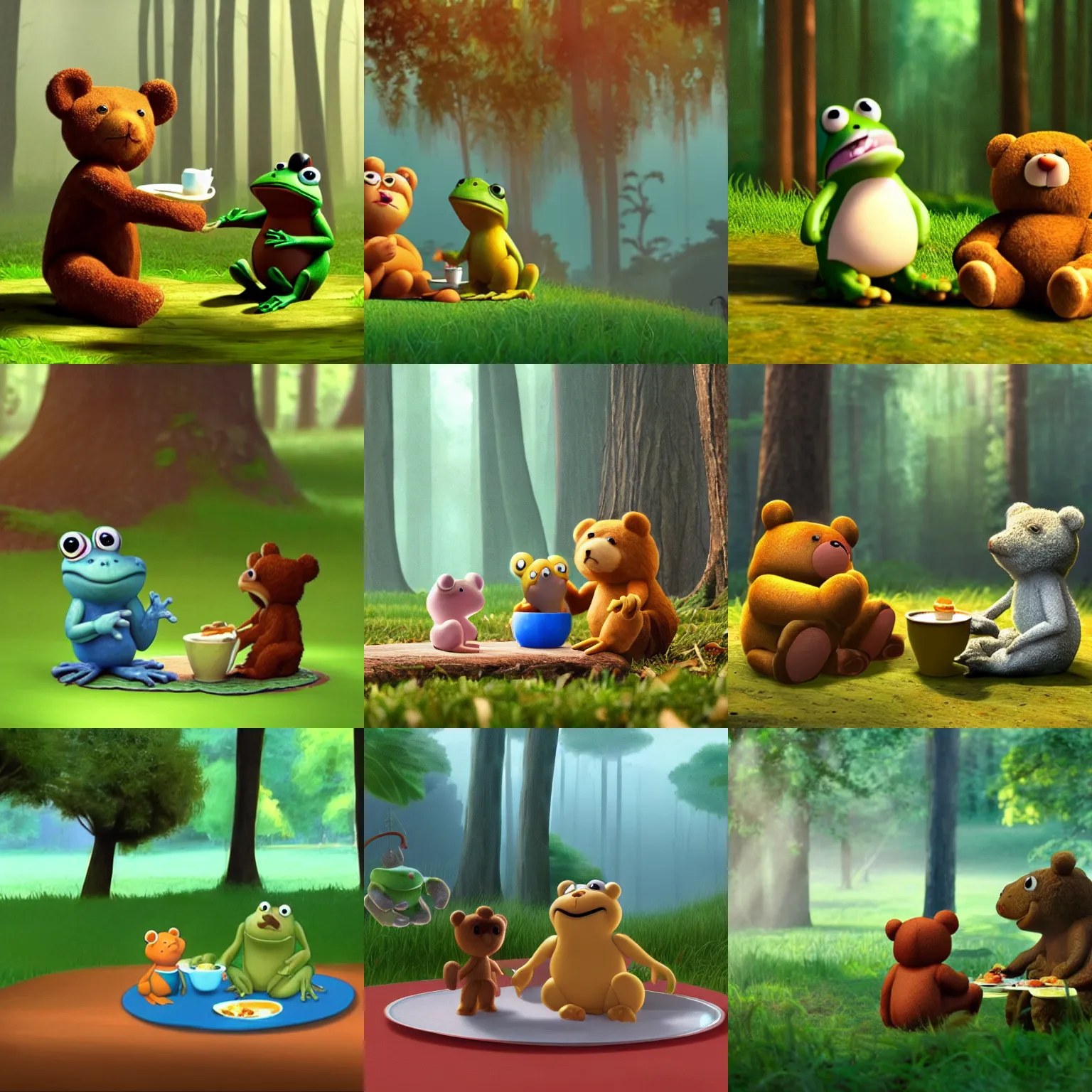 Prompt: a teddy bear and a frog having breakfast in the forest, frame from a pixar movie