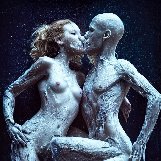 Image similar to Crowd of Two detailed human lovers made of wax kissing and melting, digital art, high detail,ethereal, dramatic lightning, rim light, hyperrealistic, photorealistic, octante render, elegant, cinematic, high textures, hyper sharp, 8k, insanely detailed and intricate, graphic design, cinematic atmosphere, hypermaximalist, hyper realistic, super detailed, 4k HDR hyper realistic high quality, unreal engine 5