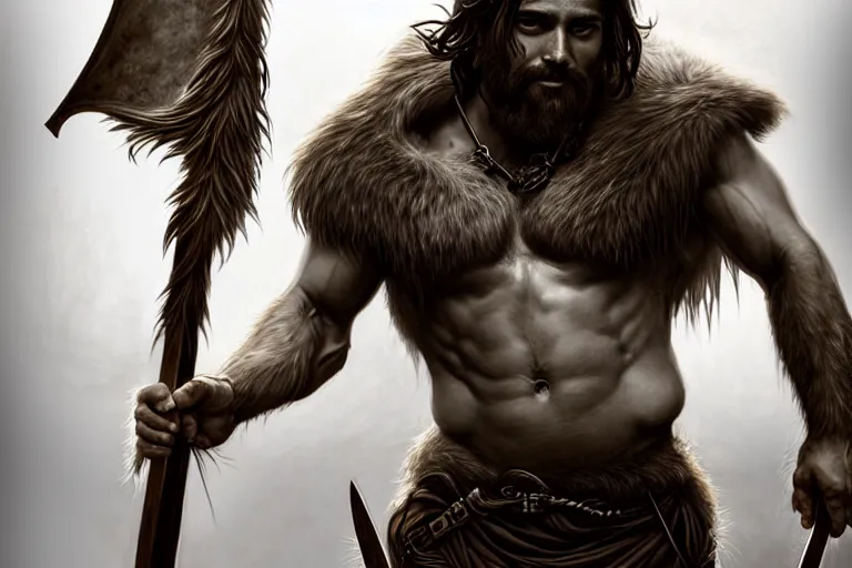 Image similar to photorealistic full body portrait of a gruff ranger with a spear, lean and toned, handsome face, hairy chest and hairy body, D&D, intricate, elegant, highly detailed, digital painting, artstation, concept art, matte, sharp focus, chiaroscuro, well list, illustration, art by Artgerm and Greg Rutkowski and Alphonse Mucha