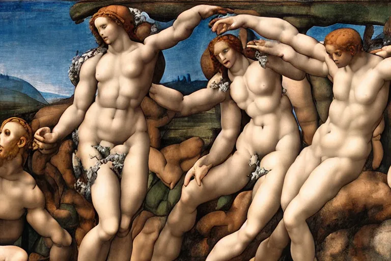 Image similar to creation of eve by michelangelo, with 2 aliens