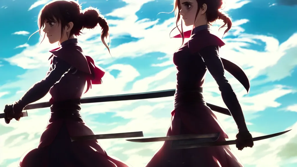 Image similar to a very detailed key visual of emma watson, demon slayer, ufotable, high quality, artgerm, greg rutkowski, high resolution, dynamic pose, landscape, medium portrait, samurai outfit, action, hyper realistic, anime, koyoharu gotouge, sakuga