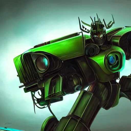 Image similar to Rusty transformer of a 1920 race car, autobots, optimus prime, bumblebee, transformer, car changing into a mecha, soft green lighting, highly detailed, digital painting, artstation, concept art, smooth, sharp focus, illustration