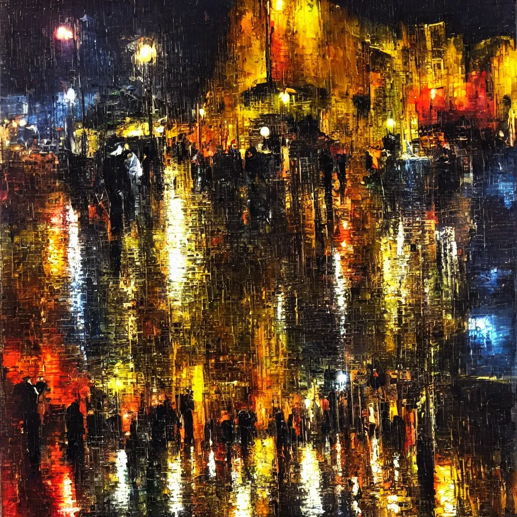 Prompt: dark Saturday, busy West Street Brighton Sussex at night in the rain, lots of drunk people, lots of reflections of lights, painted with a palette knife