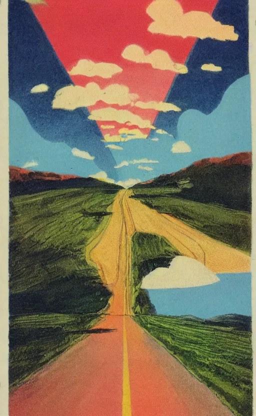 Image similar to paperback book cover. 1 9 6 0 s. pure colors, melting clouds, accurately drawn details, a sunburst above a receding road with the light reflected in furrows and ruts, after rain. and no girls.