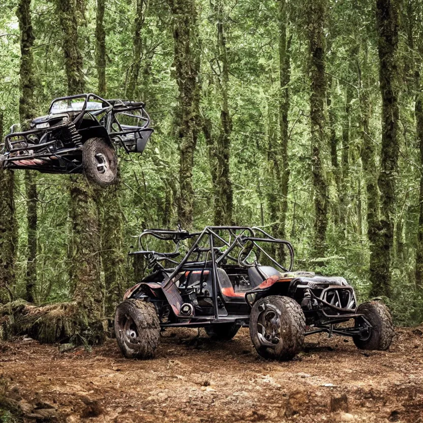 Image similar to off road buggy in the forest, artstatiom, 4 k, incredibly detailed