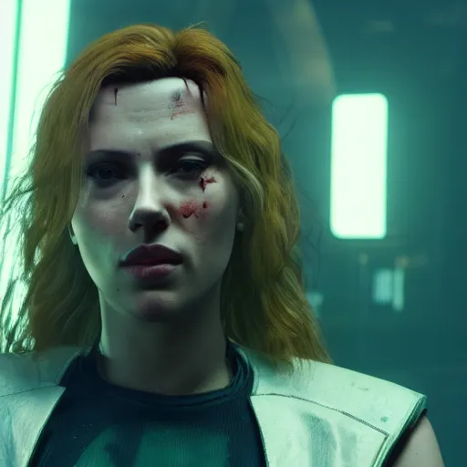 Image similar to bruised scarlett johansson after a bad mission in Cyberpunk 2077. CP2077. 3840 x 2160