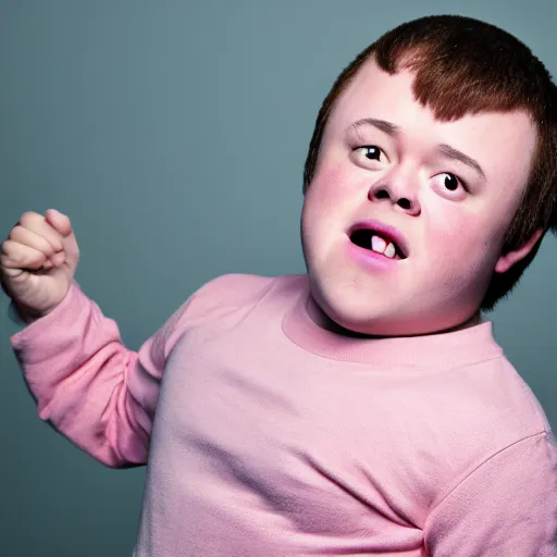 Image similar to 4 k editorial photograph of down syndrome midget alex jones, sharp focus, soft lighting, edge lighting, studio portrait, 1 3 mm film color grading