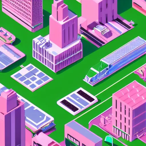 Prompt: isometric illustration of an urban city, game assets, light green and light pink colors, fun, soft, detailed, 3d rendered, playful