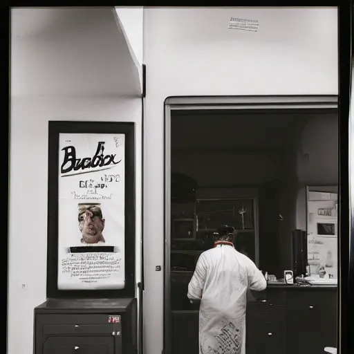 Prompt: portrait of the barber. voigtlander super nokton 2 9 mm f / 0. 8, cinelux asa 1 0 0, medium - format print.