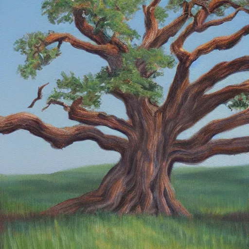 Prompt: A painting of a wizened oak tree, with the face of an old bearded man