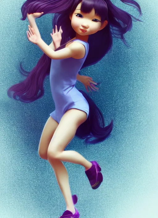 Prompt: a cute asian girl dancing, flowing hair in the style of pixar animation, full body shot, viewed from bellow, award winning, hyper detailed, studio lighting, artstation, octane renderer, unreal engine