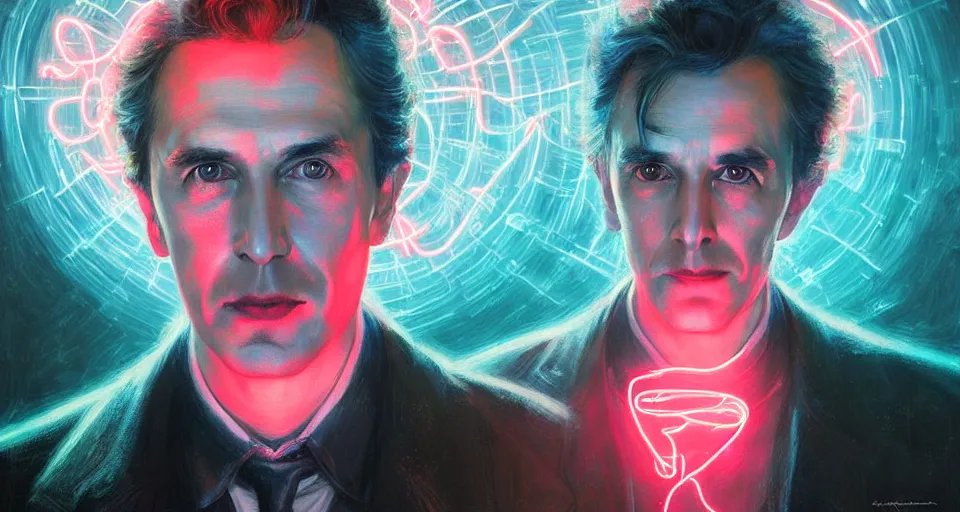 Prompt: nikolai tesla, a portrait, electrical arcs, neon glow, highly detailed, digital art, intricate, dramatic lighting, neon colors, cinematic, holographic runes, art by artgerm, greg rutkowski, guy denning